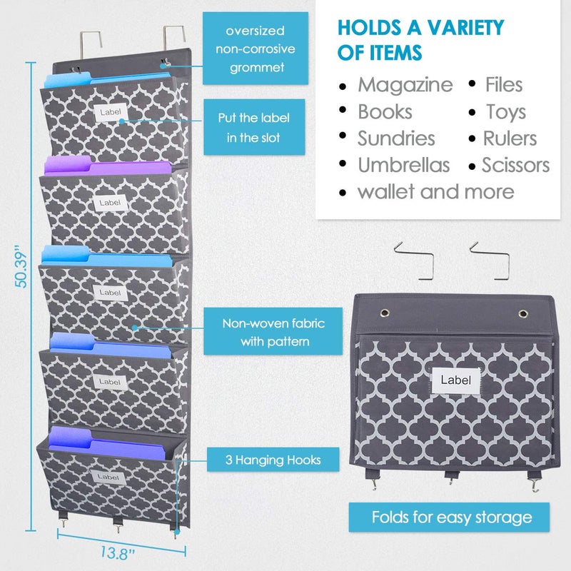 homyfort Over the Door File Organizer, Hanging File Folders, Wall Organizers and Storage for Mail, Magazine, Notebooks, Planners, Office, Classroom, 5 Extra Large Pockets (Grey Lantern Pattern) - Image 1